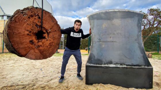 Man in a black hoodie with a surprised expression stands between a huge tree trunk slice and a large curved metal sculpture outdoors, touching both.