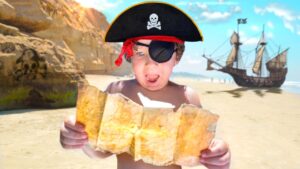 Child on a sunny beach looking at a folded map, wearing a pirate hat and an eyepatch, with a pirate ship in the distance.