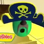 Green veggie character wearing a blue pirate hat with a yellow skull-and-crossbones, in a bright tiled room; VeggieTales logo bottom left.
