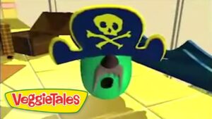 Green veggie character wearing a blue pirate hat with a yellow skull-and-crossbones, in a bright tiled room; VeggieTales logo bottom left.