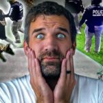 Man with a shocked, hands-on-face expression in the foreground; a backyard scene with police, a security camera, and a dog in the background (thumbnail collage).