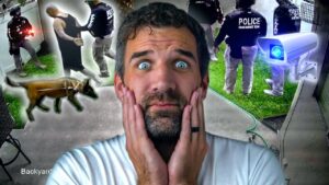 Man with a shocked, hands-on-face expression in the foreground; a backyard scene with police, a security camera, and a dog in the background (thumbnail collage).