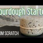 Jar of bubbly sourdough starter with a rubber band, labeled 'Sourdough Starter From Scratch' on a dark surface