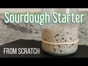 Jar of bubbly sourdough starter with a rubber band, labeled 'Sourdough Starter From Scratch' on a dark surface