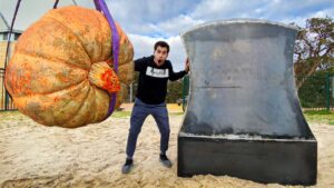 Man with a surprised expression poses beside a gigantic pumpkin hanging by purple straps next to a large curved metal sculpture in a sandy outdoor area.