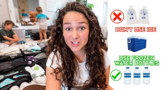 Woman speaks to the camera while volunteers sort clothes in the background; on the right are survival tips: don't use ice and use frozen water bottles.