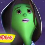 Green VeggieTales character with hooded cloak looking upward, brand logo visible on left edge.
