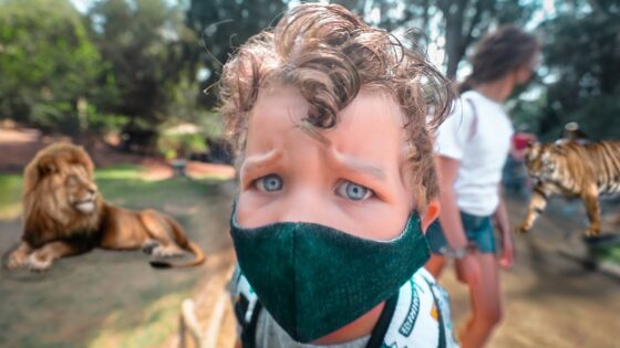 Child wearing a dark face mask at a zoo, close-up foreground with lions resting in the background.