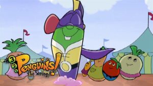 Group of colorful animated penguin characters at a festival-like setting, with the 'Penguins! The Series' logo in the corner.