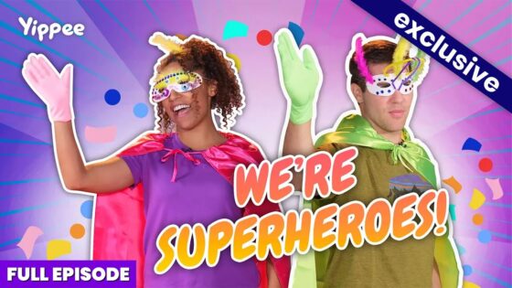 Two people in bright superhero costumes (masks, capes) cheer against a purple confetti backdrop; bold text reads "WE'RE SUPERHEROES!" with a purple "FULL EPISODE" stripe and an "Exclusive" banner.