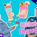 Two contestants in denim jackets face off on a bright blue background with giant milkshake stickers and confetti; 'Milkshake Showdown' text visible.