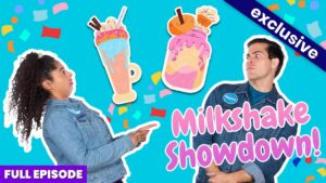 Two contestants in denim jackets face off on a bright blue background with giant milkshake stickers and confetti; 'Milkshake Showdown' text visible.