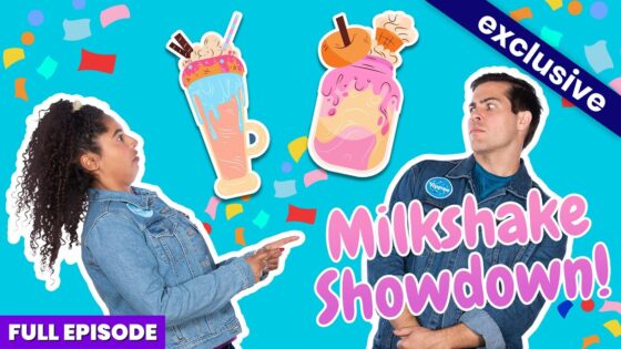 Two contestants in denim jackets face off on a bright blue background with giant milkshake stickers and confetti; 'Milkshake Showdown' text visible.