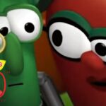 VeggieTales 30th Anniversary logo with two cartoon vegetables peeking at the camera via a magnifying glass.