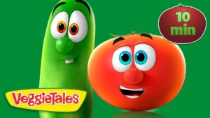 Two VeggieTales characters—a tall green cucumber and a red tomato—smile at the camera with a yellow VeggieTales logo and a 10 min badge on a green background.