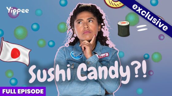 Thoughtful woman in a denim jacket surrounded by candy bubbles, sushi icon, and Japan flag; YouTube thumbnail for 'Sushi Candy?!' exclusive full episode.