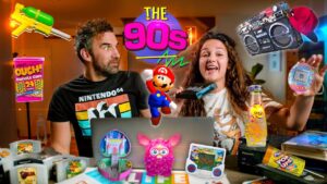 Thumbnail of two hosts in a 90s nostalgia setup, with Mario, boombox, Tamagotchi and vintage toys floating around them.