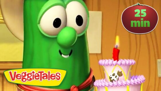 Larry the Cucumber from VeggieTales gazes at a pink birthday cake with a single lit red candle, logo in corner, 25 min badge visible.