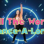 Intro slide for a dance-along video featuring a girl dancing in front of a neon ring and bold pink and blue text: 'Tell The World Dance-A-Long'.