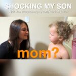 Mother and curly-haired toddler face each other; bold orange 'mom?' overlay and 'SHOCKING MY SON' title at top.