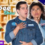 Thumbnail for The Yippee Show: two hosts in denim jackets posed in front of a waffle background, with avocado and candy props and an 'Exclusive' banner plus 'Full Episode' label.