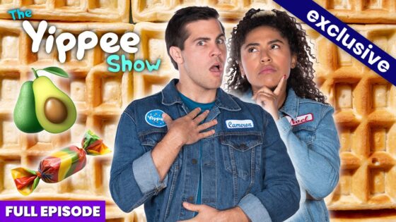 Thumbnail for The Yippee Show: two hosts in denim jackets posed in front of a waffle background, with avocado and candy props and an 'Exclusive' banner plus 'Full Episode' label.