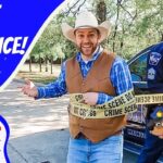 Video thumbnail: man in cowboy vest and hat wrapped with crime-scene tape beside a police officer, with cartoons of a cowboy and a police dog and bold 'Meet the Police!' text on blue background.