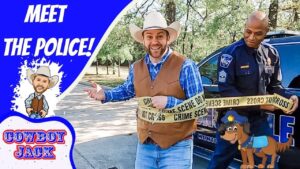 Video thumbnail: man in cowboy vest and hat wrapped with crime-scene tape beside a police officer, with cartoons of a cowboy and a police dog and bold 'Meet the Police!' text on blue background.