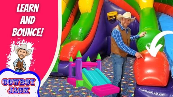 Bright pink banner with 'Learn and Bounce!' and a cartoon cowboy beside the 'Cowboy Jack' logo
