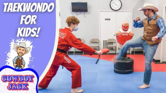 Thumbnail for Taekwondo for Kids: cartoon cowboy on the left; on the right, a red‑uniform instructor holds a kicking pad while a cowboy‑hatted man performs a kick in a dojo setting.