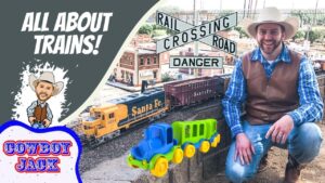 Thumbnail showing a smiling man in a cowboy hat beside a model train layout with bold 'All About Trains!' text and a 'Cowboy Jack' logo cartoon on the left.