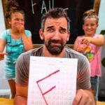 Bearded man holds up a calendar showing a large red 'F' while two girls behind him point and laugh, a chalkboard reading 'FAIL' in the background.
