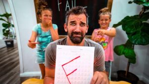 Bearded man holds up a calendar showing a large red 'F' while two girls behind him point and laugh, a chalkboard reading 'FAIL' in the background.