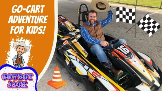 Thumbnail with orange panel reading 'GO-CART ADVENTURE FOR KIDS!', cartoon cowboy, and a man in a go-kart waving a hat beside checkered flags on a road.