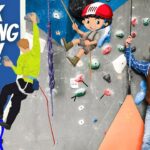 Banner promoting kids rock climbing with cartoon cowboys, a real instructor in a cowboy hat, and a climbing wall.