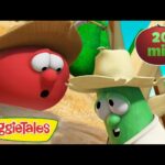 VeggieTales thumbnail: a red round veggie wearing a straw hat speaks to a green vegetable wearing a large hat in a desert scene, with a green '20 min' badge in the corner.