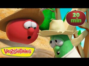 VeggieTales thumbnail: a red round veggie wearing a straw hat speaks to a green vegetable wearing a large hat in a desert scene, with a green '20 min' badge in the corner.