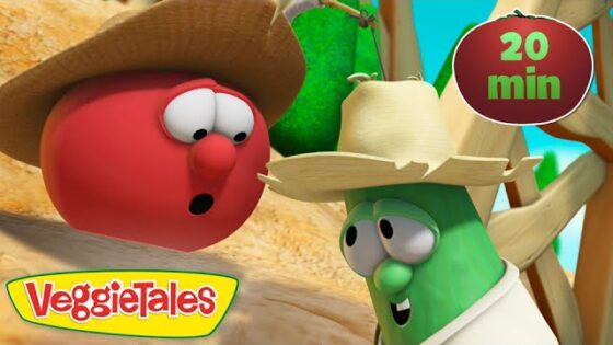 VeggieTales thumbnail: a red round veggie wearing a straw hat speaks to a green vegetable wearing a large hat in a desert scene, with a green '20 min' badge in the corner.