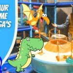 Thumbnail: man in a cowboy vest at a bright dinosaur-themed play zone with cartoon dinosaurs and the title 'Dinosaur Playtime' text.