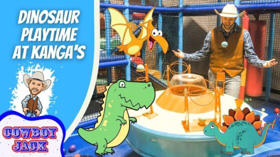 Thumbnail: man in a cowboy vest at a bright dinosaur-themed play zone with cartoon dinosaurs and the title 'Dinosaur Playtime' text.