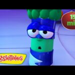 Cartoon VeggieTales character with blue hat and sleepy expression, gradient background; VeggieTales logo bottom left and a red '15 min' badge top right