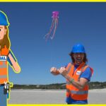 Split-image: cartoon construction worker on the left and a real man in safety gear on the right, flying a purple kite at the beach.