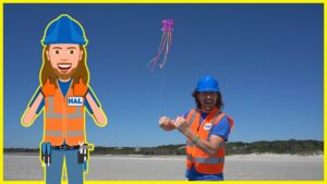 Split-image: cartoon construction worker on the left and a real man in safety gear on the right, flying a purple kite at the beach.