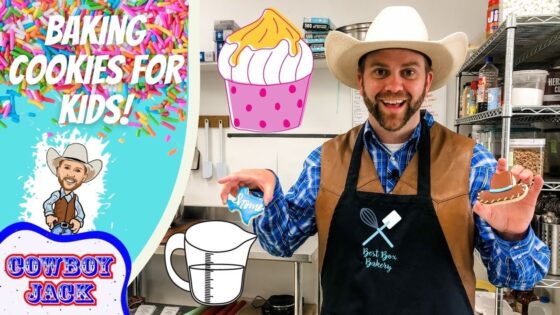 Smiling cowboy baker in a kitchen holds a sneaker-shaped cookie in one hand and a decorated cookie in the other, with a colorful banner reading 'Baking Cookies for Kids!'