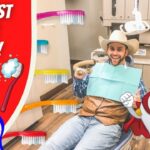 Smiling man in a cowboy hat sits in a dental chair with a blue bib, a cartoon tooth character and 'DENTIST FOR KIDS!' banner on the left edge, creating a playful kids’ dentistry thumbnail.