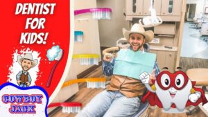 Smiling man in a cowboy hat sits in a dental chair with a blue bib, a cartoon tooth character and 'DENTIST FOR KIDS!' banner on the left edge, creating a playful kids’ dentistry thumbnail.
