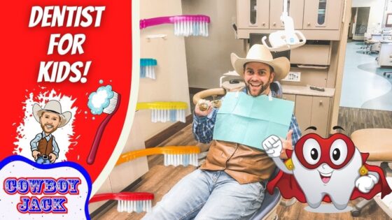 Smiling man in a cowboy hat sits in a dental chair with a blue bib, a cartoon tooth character and 'DENTIST FOR KIDS!' banner on the left edge, creating a playful kids’ dentistry thumbnail.
