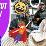 Thumbnail of a barber shop: client seated, barber smiling behind; purple panel reads 'Haircut Fun!' with Cowboy Jack cartoon and a laughing emoji.