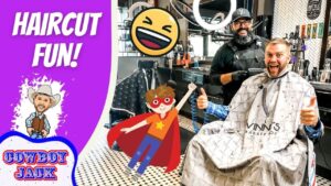 Thumbnail of a barber shop: client seated, barber smiling behind; purple panel reads 'Haircut Fun!' with Cowboy Jack cartoon and a laughing emoji.
