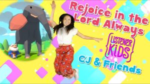Young girl jumping with a large cartoon elephant and colorful background, title says 'Rejoice in the Lord Always' (kids' video thumbnail).